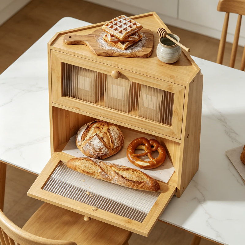 Boîte à pain de coin en bambou avec 2 niveaux, contenant en bois peu encombrant pour comptoir de cuisine, Brown