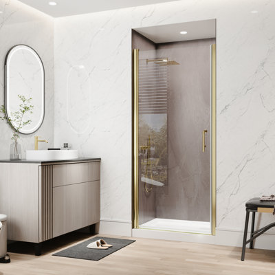 1/4 po Porte de douche pivotante en verre transparent en or brossé, réversible et réglable pour les petits coins de salle de bain, anti-éclaboussures pour garder l'eau dans les espaces, conception