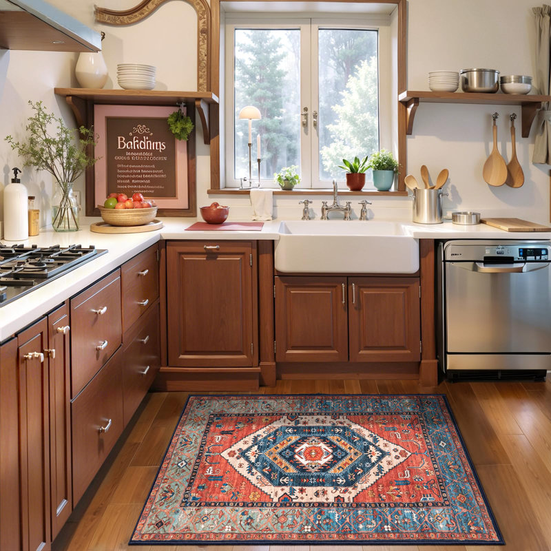 Boho Rugs For Entryway, 2X3 Rust Entryway Rug Non-Slip Washable Small Area Rug, Ultra Soft Oriental Vintage Low-Pile Indoor Door Mat Floor Carpet For Entrance Bedroom Kitchen Bathroom