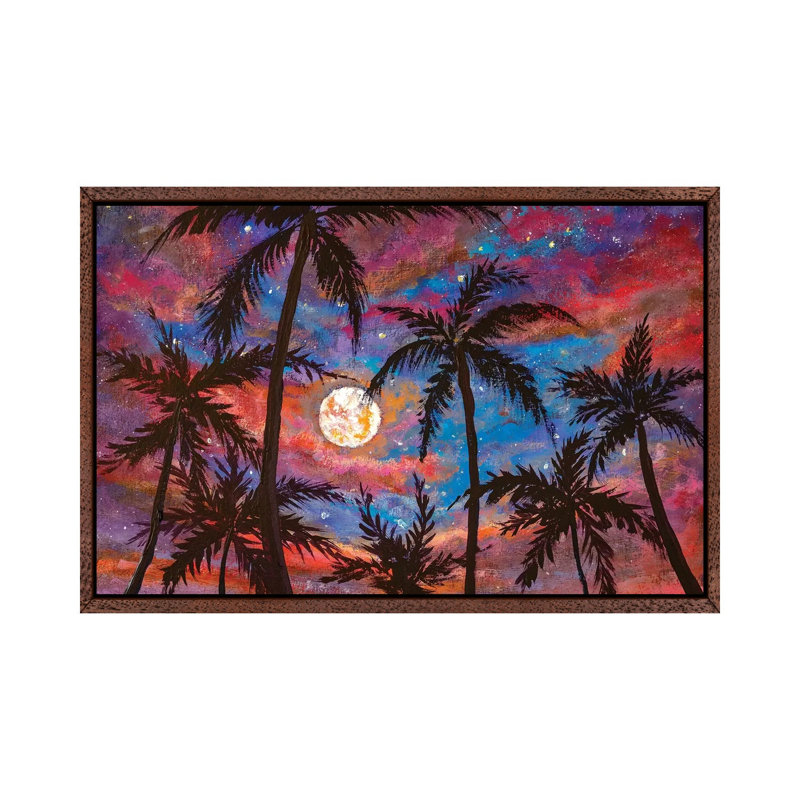 Beautiful Palm Trees, Pink Purple Sunset And Large Moon by Valery Rybakow - Painting on Canvas, Classic Brown Wood Framed