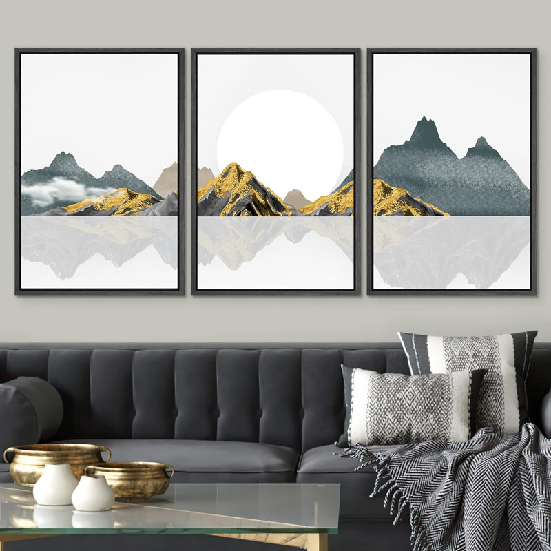 «Teal Gold Mountain Range Reflection Sun», impression sur toile 3 pièces, Noir, H 24 po x l 48 po x P 1,5 po