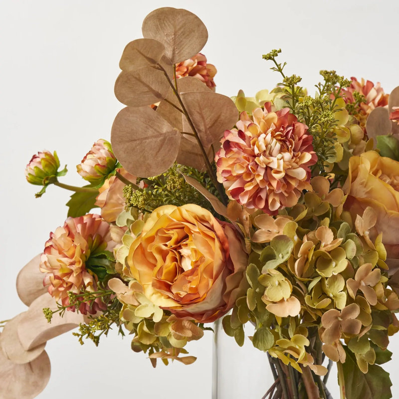 Toasted Meadow - Dried Look Hydrangea, Rose & Dahlia, Brown Eucalyptus Fall Floral Water Illusion Arrangement