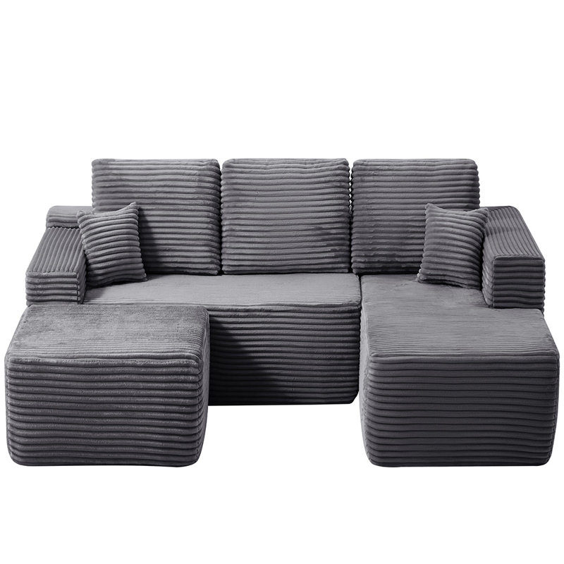 Compression U-Shape Right Sectional Couch (Gray), Gray Corduroy