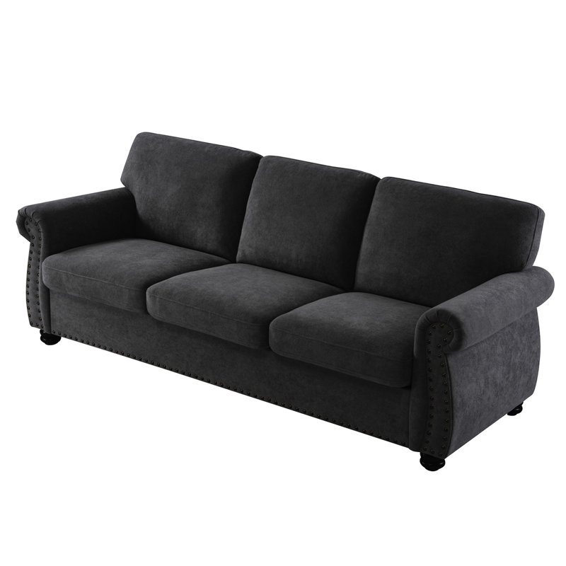 Velours noir élégant: 3 places avec mousse haute, coussins de dossier lâches, pieds en bois massif, design moderne de style Mid-Century pour bureau et appartement
