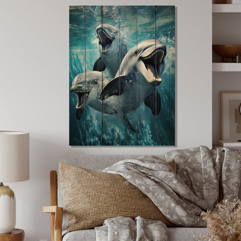 Dauphin gris et bleu, élégance océanique II sur bois, H 32 po x l 24 po x P 0,78 po