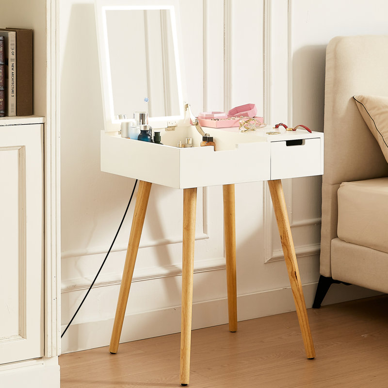 Petite commode avec miroir à DEL 3 couleurs et 2 tiroirs, pratique pour le maquillage, blanc