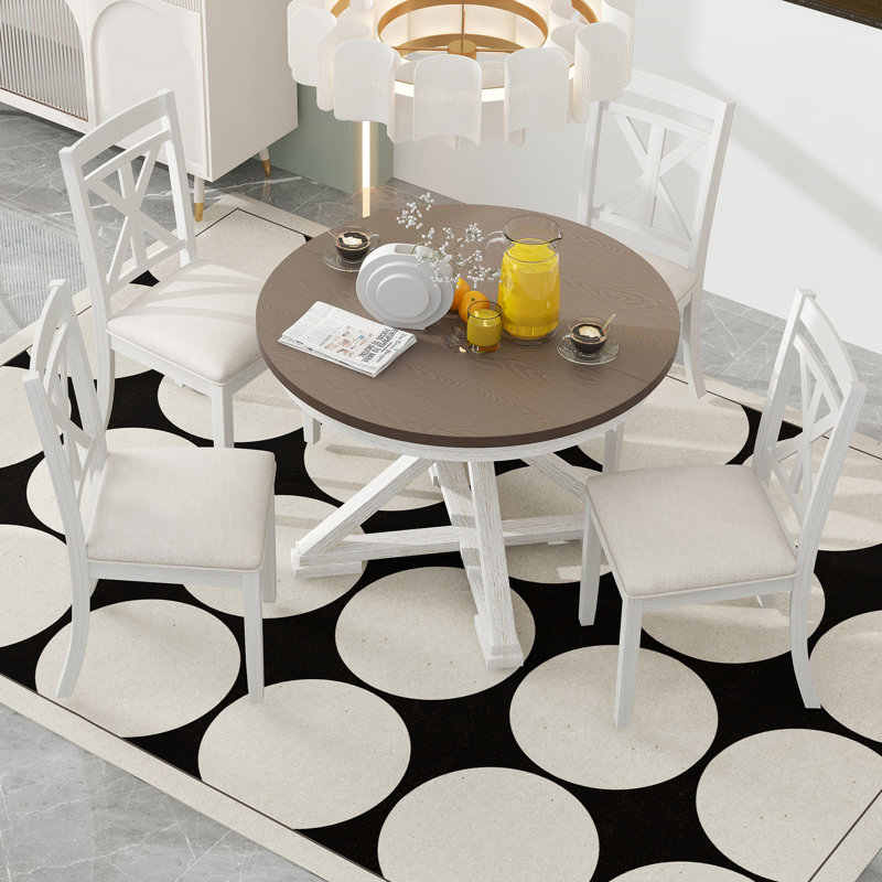 Table de salle à manger extensible ronde et 4 chaises rembourrées, brun et blanc antique, design rétro, chaises réglables triangulaires, coin
