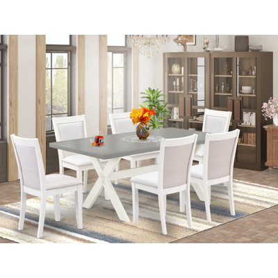 Modern Dining Table Set - a Kitchen Table and Linen Fabric Upholstered Chairs with Stylish Back