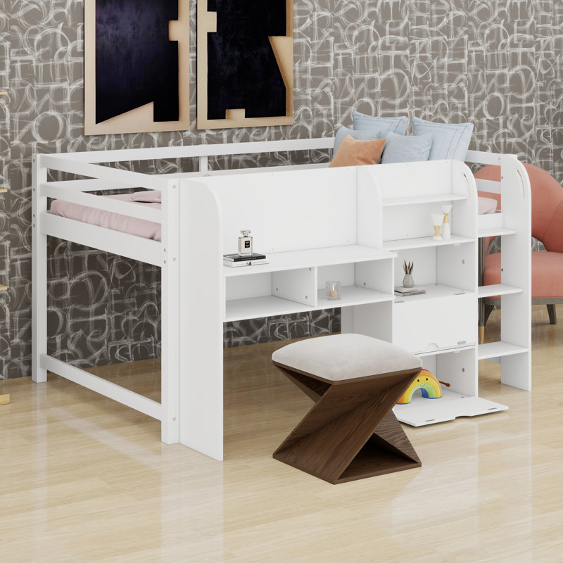 Lit mezzanine bas en bois de pin avec bureau intégré, tableau blanc pour graffiti, armoires de rangement et bibliothèque ouverte