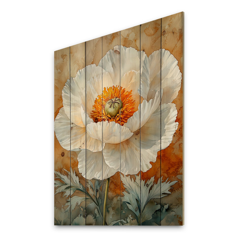 Pivoine blanche fleur de tranquillité - décoration murale en bois de coquelicots - sur bois de pin naturel