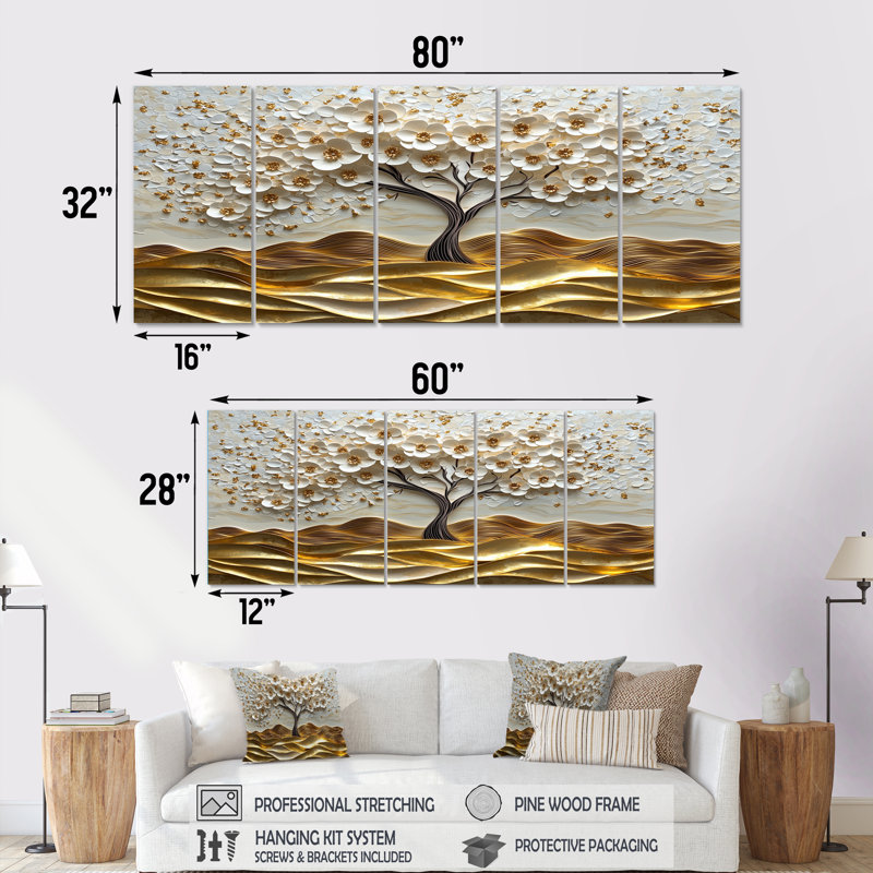 Ensemble de salon art mural blanc Folk Art Basswood Gold Tree, H 32 po x l 80 po
