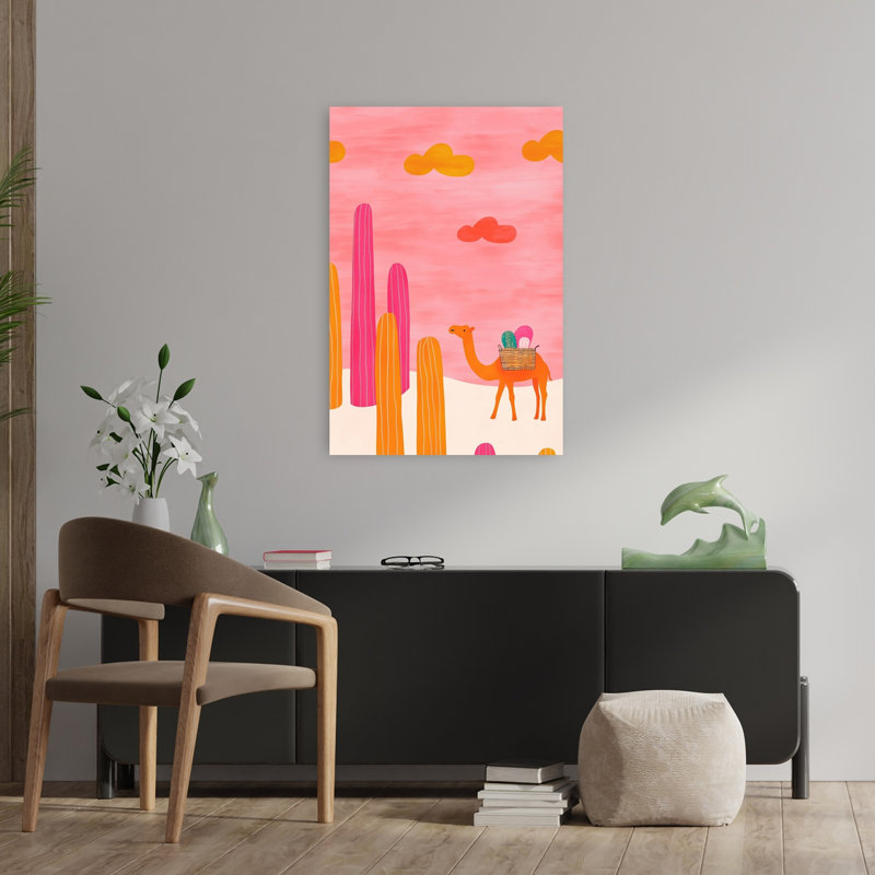 Camel In Pink Desert Colorful Dreamy Vibrant Cactus Animal Landscape Wall Art Print by Mathieu - Wrapped Canvas Print
