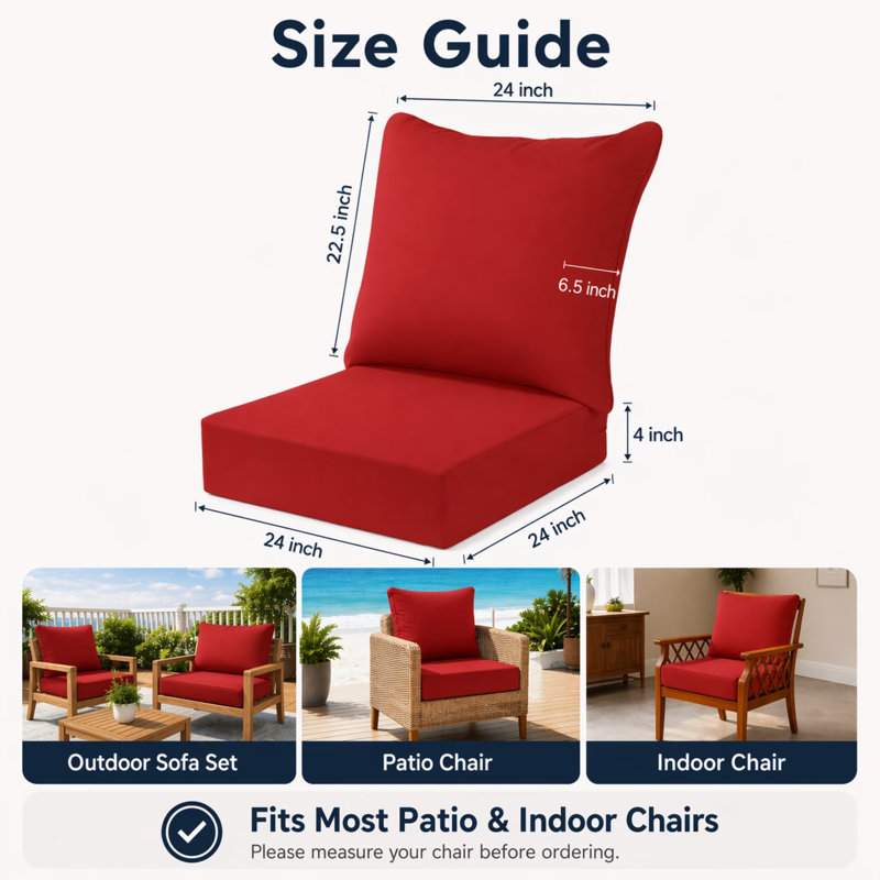 Outdoor Seating Cushion Set 24*24*4 inch ，Replacement Cushions for Furniture Backrests，with Removable Cover, Waterproof, UV-Resistant, red