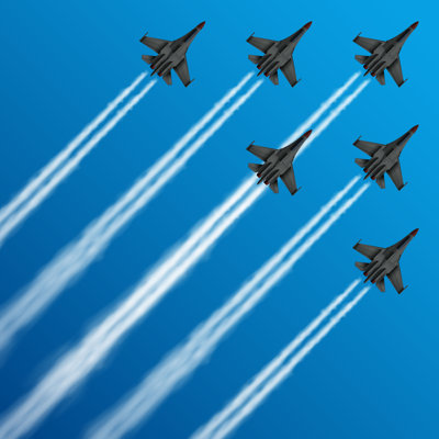 Military Fighter Jets With Condensation Trails In Sky Vector Illustration by Microvone - Wrapped Canvas Print