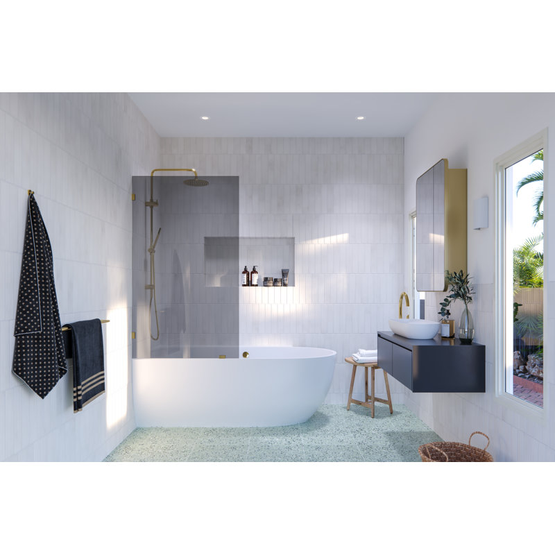 Ursa 34 in. x 58.25 in. Frameless Gray Tinted Single Fixed Bath Panel, Polished Brass