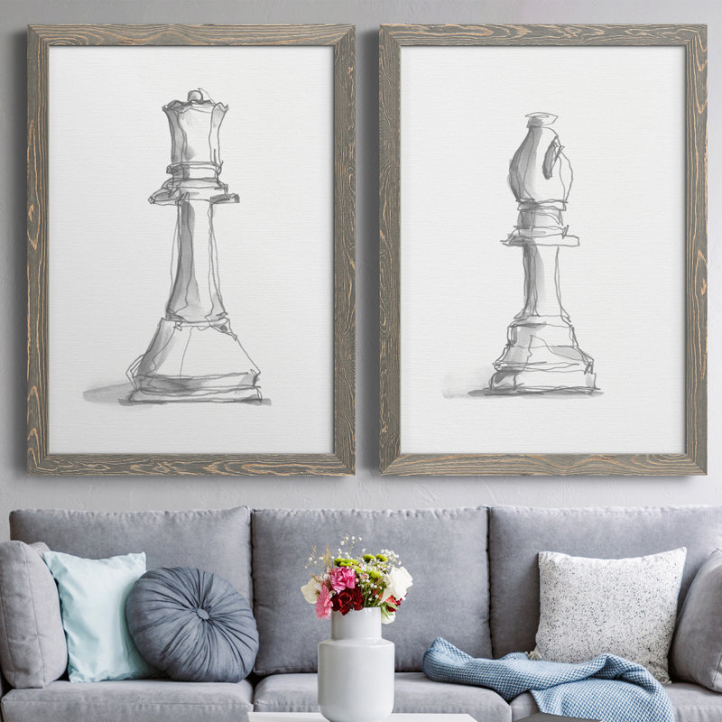" Chess Piece Study III " 2 - Pieces, 24" H x 36" W x 1.5" D, Gray Framed Canvas