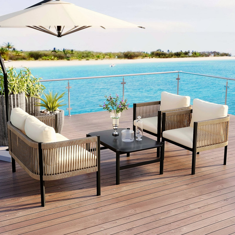 Combinaison de canapé pour plusieurs personnes avec une table, idéale pour le jardin, la cour et les balcons, Beige