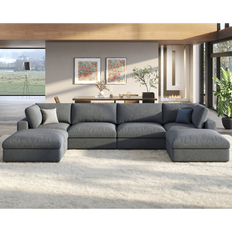 Modechai Sectional Sofa, 152“ Down Filled Sofa, 6 Seats U Shaped Couch with Chaise, Ottoman, Gray Linen