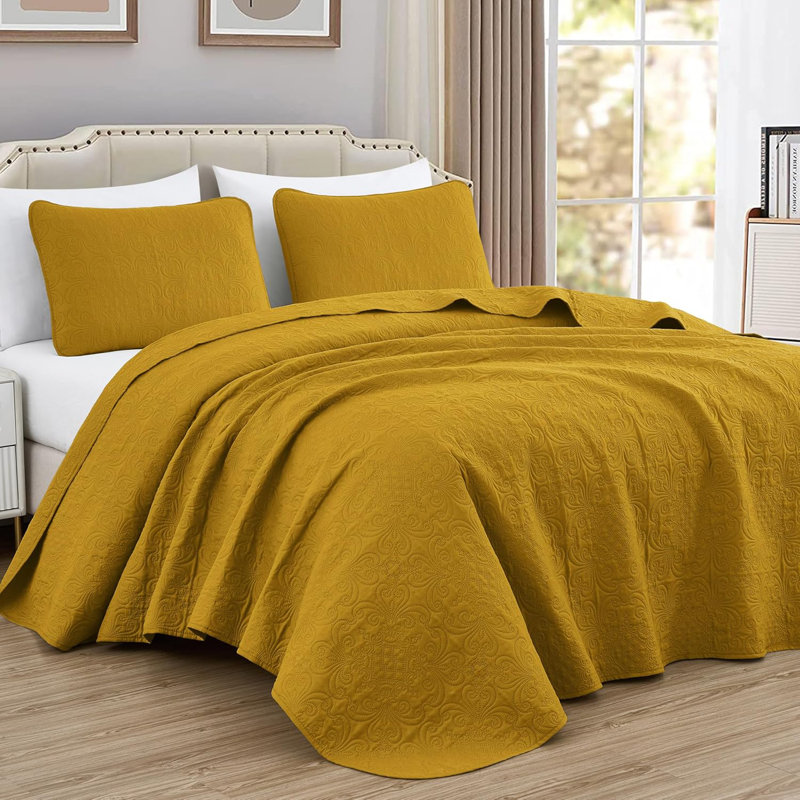 Luca 3-Piece Lightweight Microfiber Oversized Bedspread Set, King Coverlet/Bedspread + 2 King Shams, Mustard Yellow