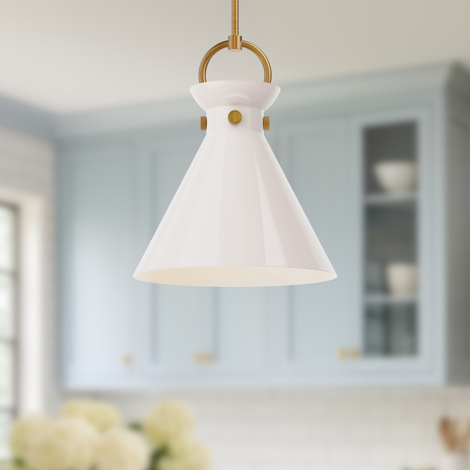 Tiney Single Light Glass Steel Pendant, Aged Gold, 17" H x 14" W x 14" D