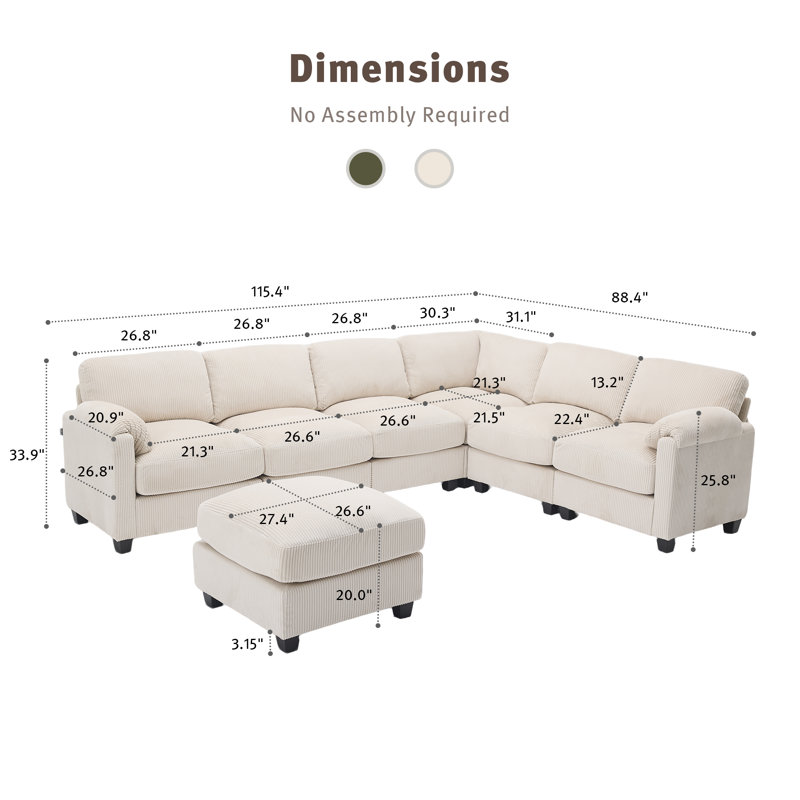 Modular Corduroy Sectional Sofa with Ottoman, Convertible L-Shaped & U-Shaped Deep Seat Couch for Living Room,Available In Four Sizes To Suit Any Room,No Assembly Required