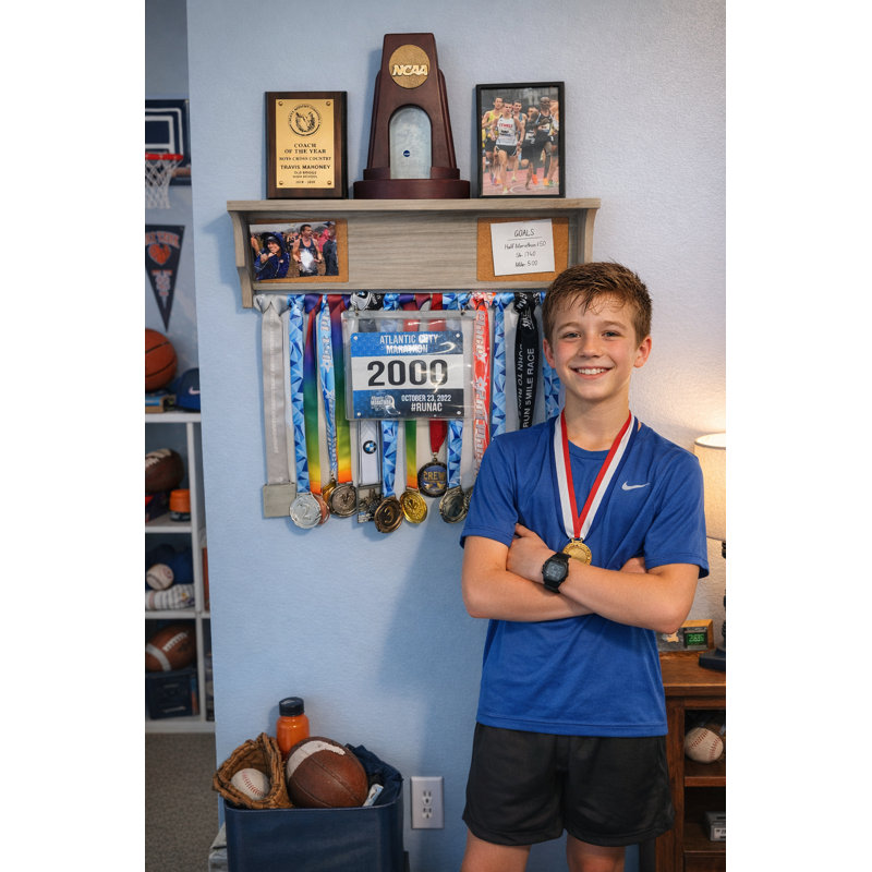All-in-1 Medal Award Display - 23" Trophy Shelf, Bib Hanger, Plaque, Picture, Race Photo and Lanyard Medals. Patented Groove Design