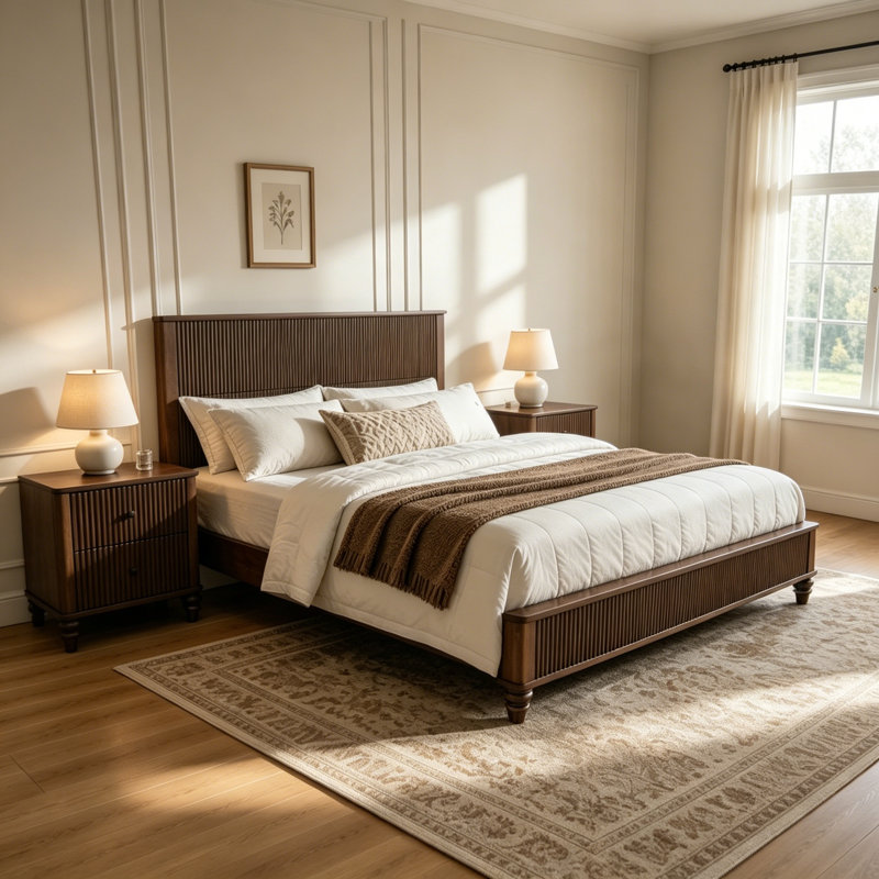 Ensemble de chambre à coucher 3 pièces avec très grand lit et 2 tables de chevet, Noyer, Très grand lit