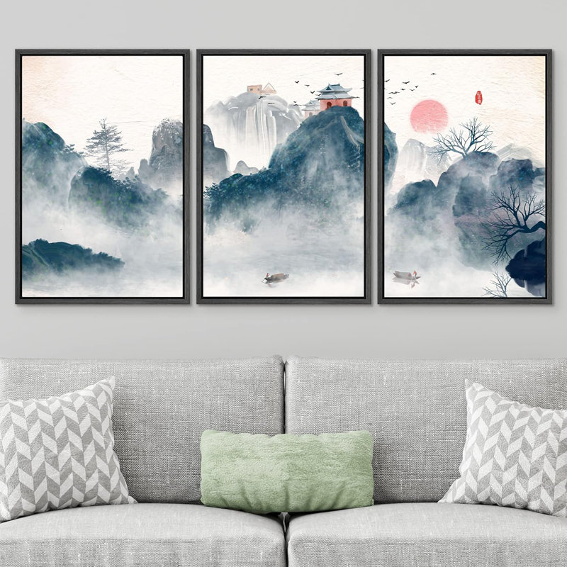 "Abstract Landscape", peinture à l'encre sur toile, 3 pièces, Noir, H 24 po x l 48 po x P 1,5 po