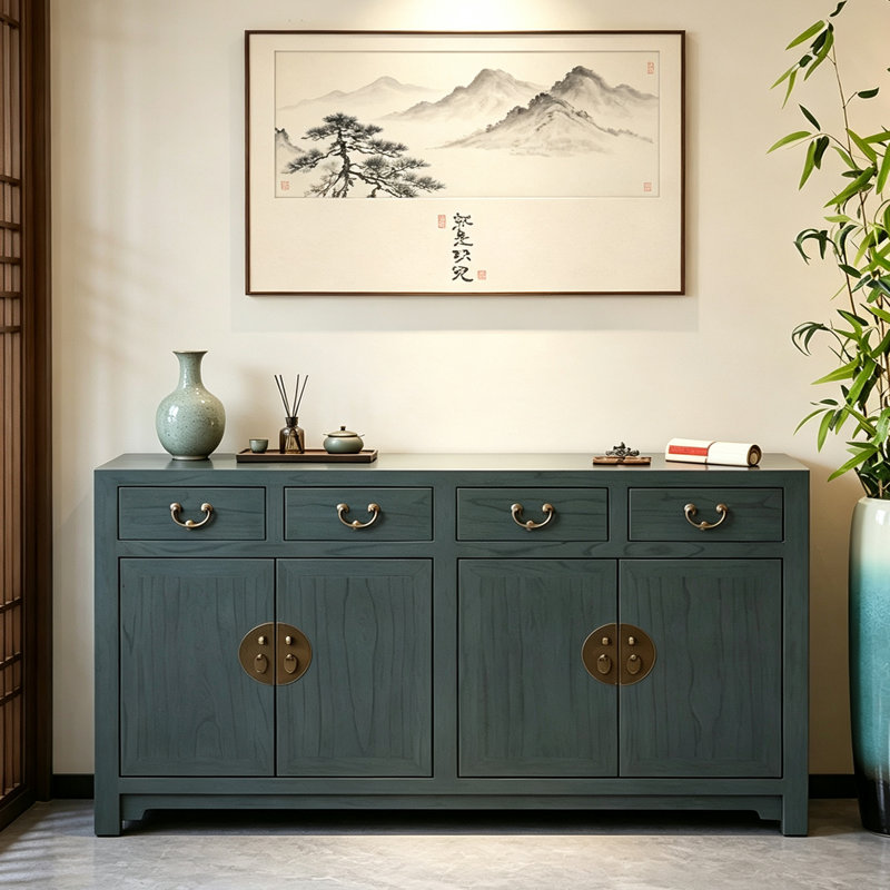 Nouvelle armoire d'entrée en bois massif de style chinois, Bleu grisâtre foncé, Bleu grisâtre foncé, Bleu grisâtre foncé