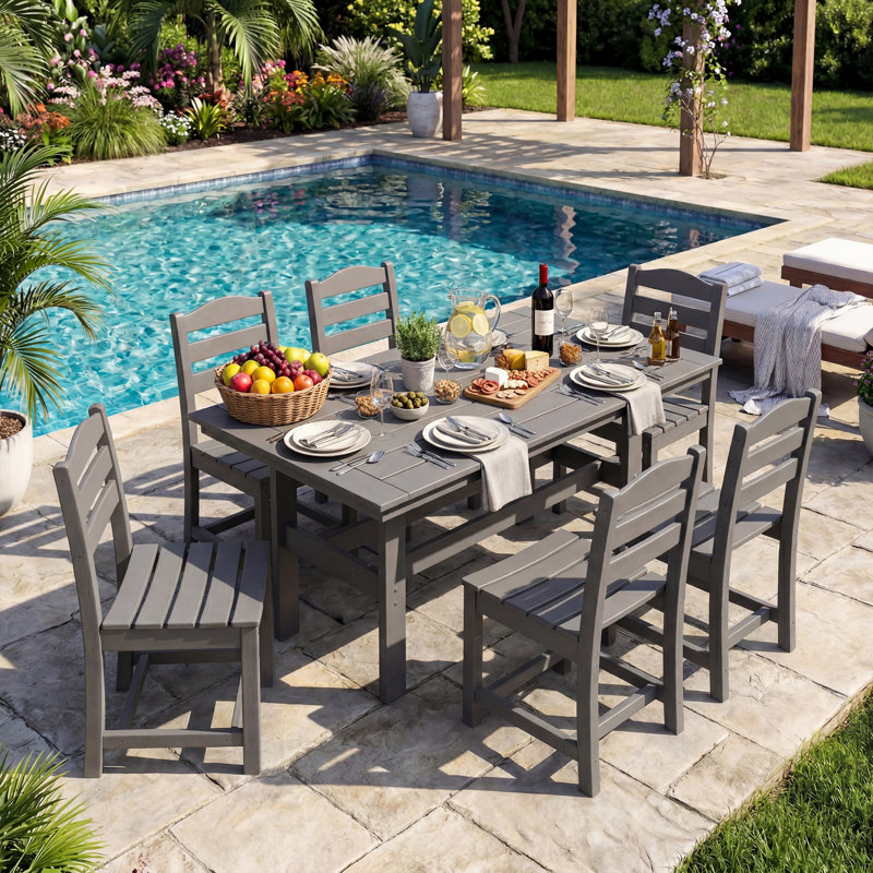 7-Piece HDPE Outdoor Dining Set | 1 Table + 6 Chairs | Weather-Resistant, UV-Stable & Eco-Friendly, Gray