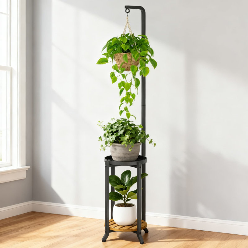 Support pour plante à 2 niveaux avec panier suspendu