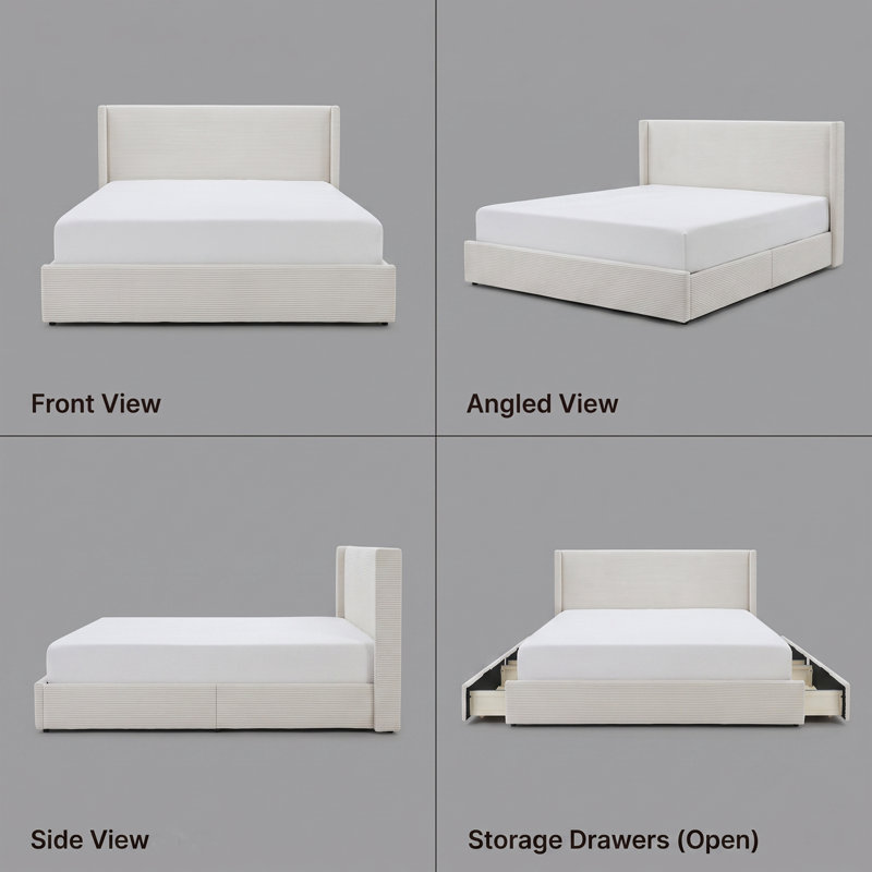 Modern Wingback Upholstered Platform Bed, Cream, King