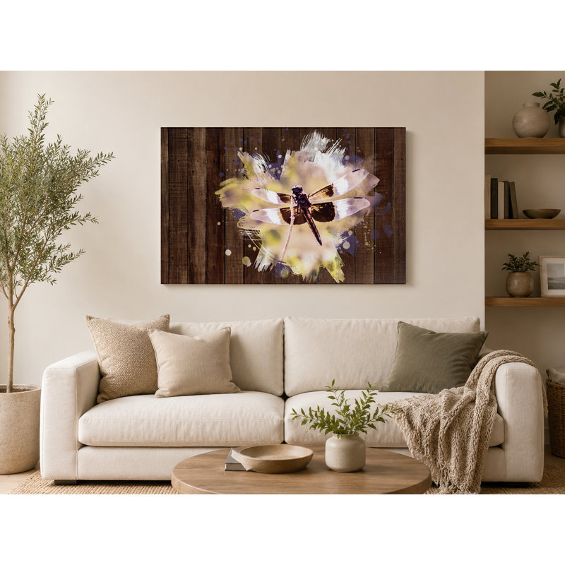 Libellule sur bois patiné - art mural sur toile, 14" W x 11" H