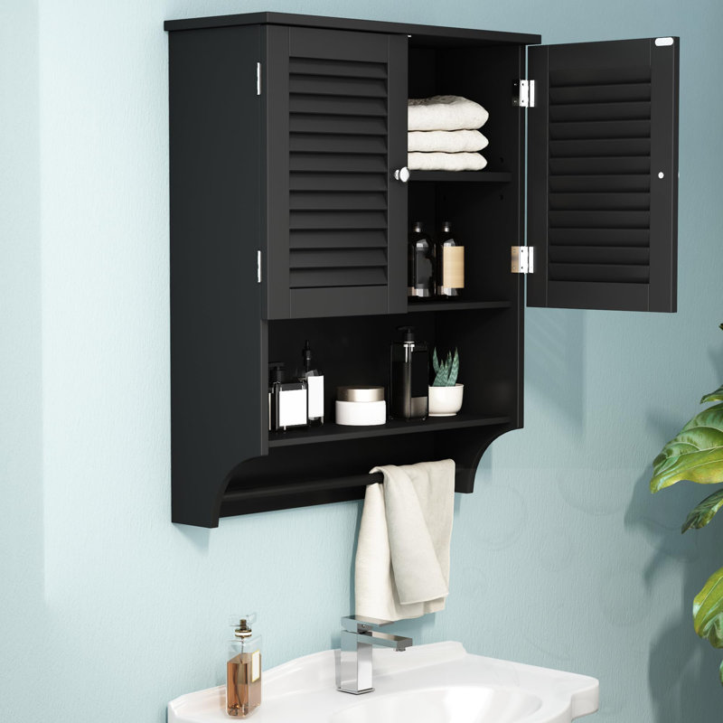 Armoire de salle de bain murale avec portes à persiennes, tablettes réglables et barre à serviettes, Noir