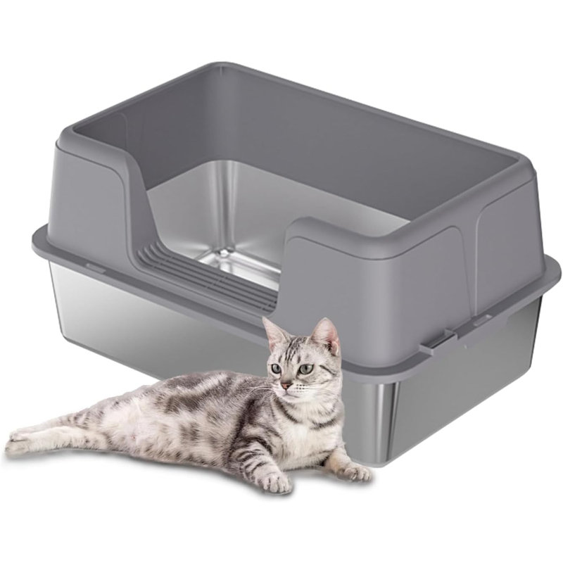 Stainless Steel Litter Box with Scoop, 22.9cm H x 35.1cm W x 50cm D, Grey
