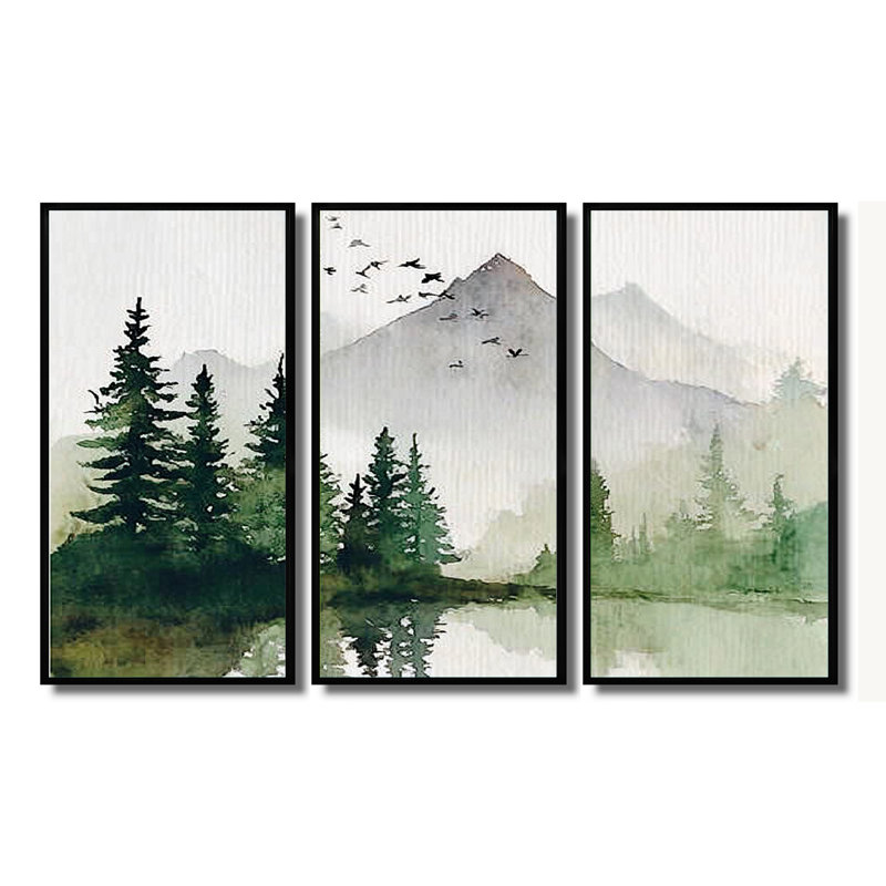 «Green Green Winter Forest Lake Landscape», ensemble d'art mural forêt d'hiver, H 28 po x l 36 po, Noir