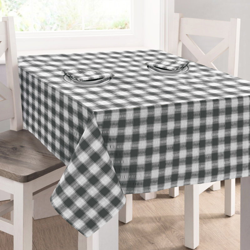 Drumnasole Printed Gingham Check Seersucker Table Cloth Range, 127cm Rectangle, Grey