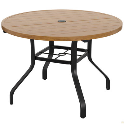 Round Outdoor Dining Table, 41" Round Patio Table Wood-Like Grain with 1.57" Umbrella Hole, Metal Outdoor Dining Tables for Backyard and Poolside