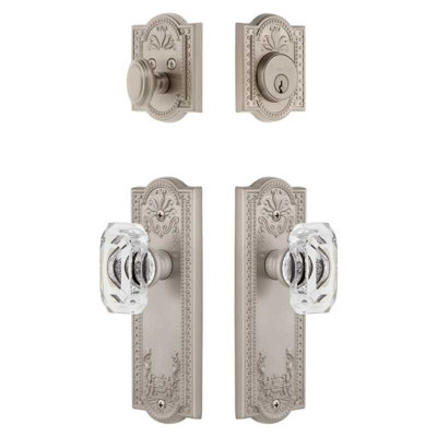 Grandeur Parthenon Long Plate Entry Set with Baguette Clear Crystal Knob in Satin Nickel