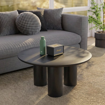 Table basse ronde moderne en bois massif 36 pouces - finition noire, table basse en bois pour le salon, assemblage facile
