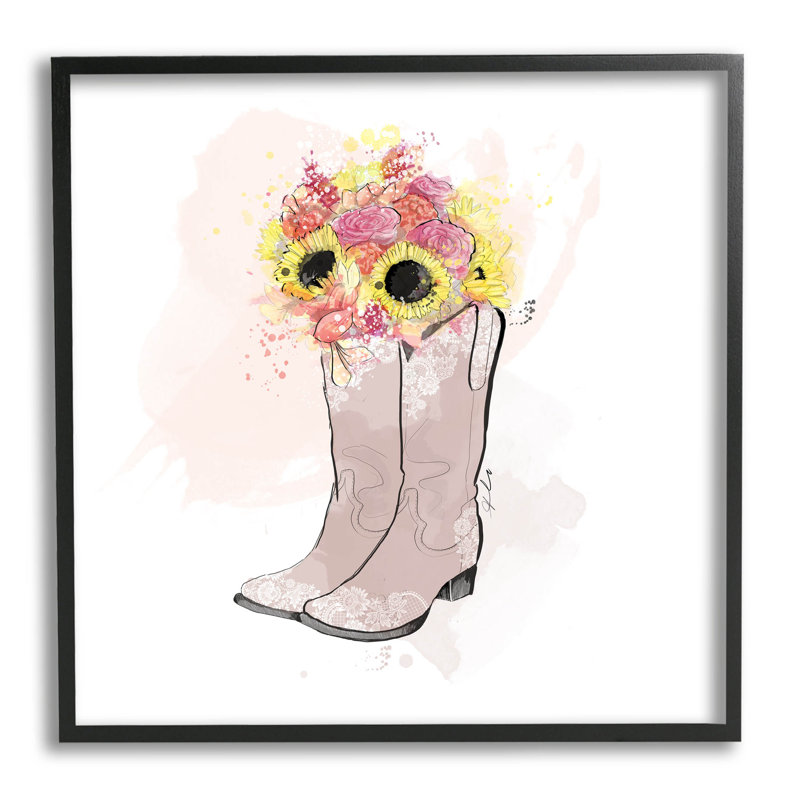 Bouquet de tournesol, bottes de cowboy, estampe numérique par Alison Petrie, Giclée encadrée noir minuit