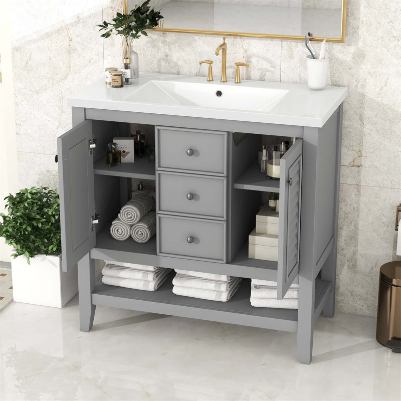 Meuble-lavabo 36 po avec deux armoires, Gris