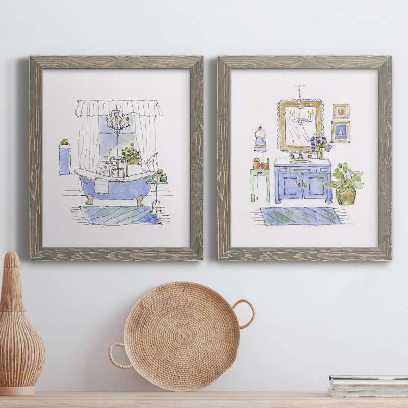 «Sketchy Bath I», ensemble de 2 peintures sur toile encadrées, H 20 po x l 34 po x P 1,5 po, Toile avec cadre gris