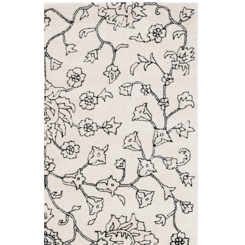 Elizaida Hand Tufted Wool/Viscose Floral Rug in Ivory/Black, Square 6'