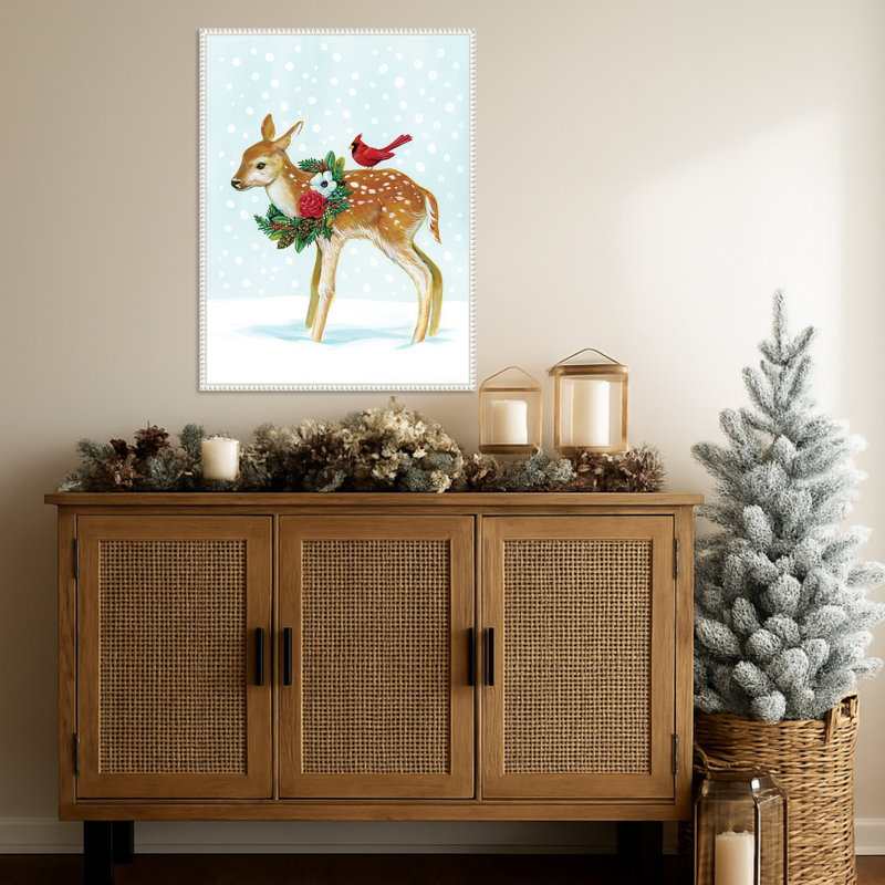«Winter Woodland Creatures with Cardinals II» par Laura Marr, reproduction d'art sur toile encadrée