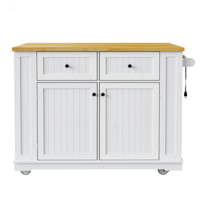 48 Inch Large Kitchen Island With Drop Leaf, Power Outlet, Internal Storage, And Rolling Cart On 5 Wheels