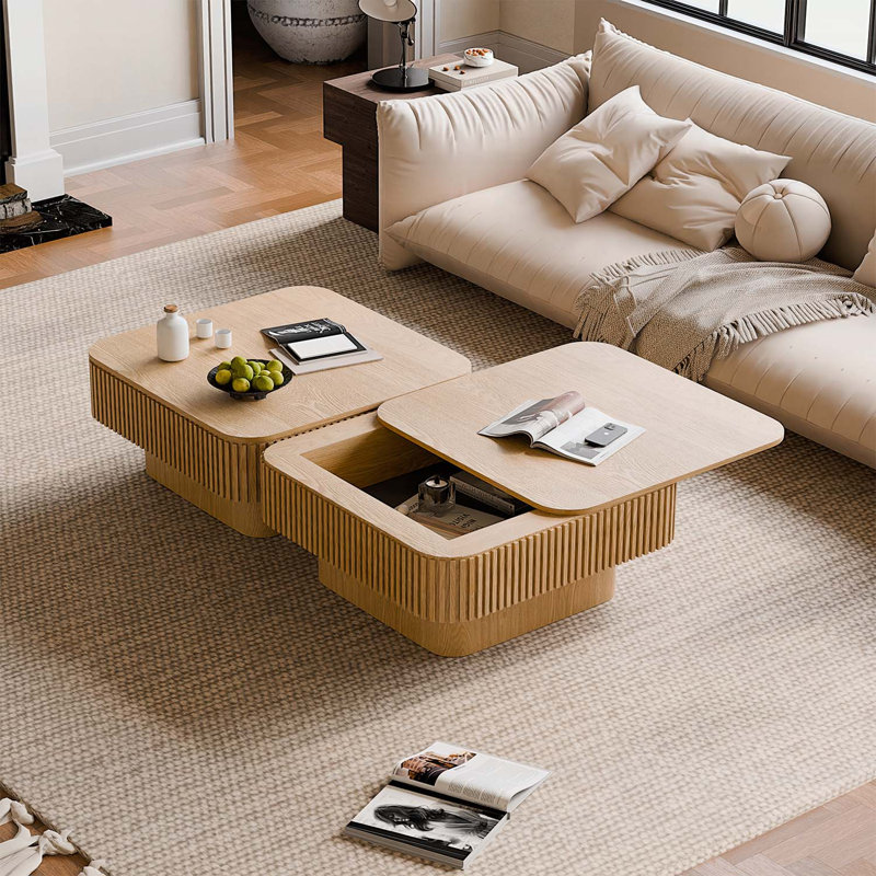 31.5'' Square Coffee Table With Spacious Hidden Storage, Natural Wood