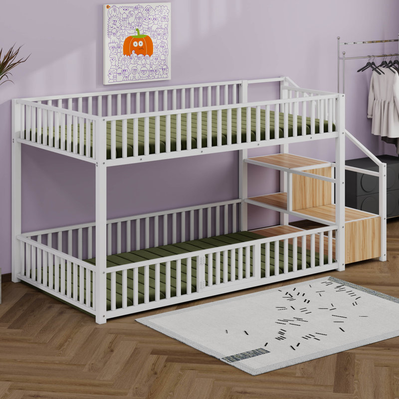 Lit superposé en métal avec échelle de rangement, lit superposé moderne avec barrière de sécurité entièrement fermée, Blanc