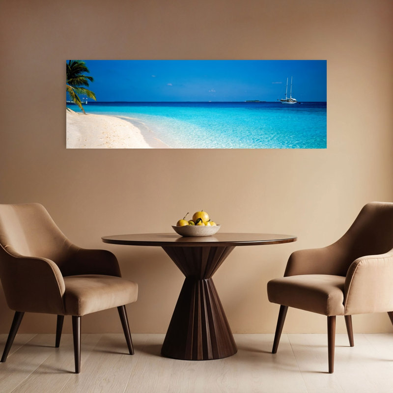 «Beach & Boat Scene», Maldives, palmier abstrait, art mural côtier, H 16 po x l 48 po