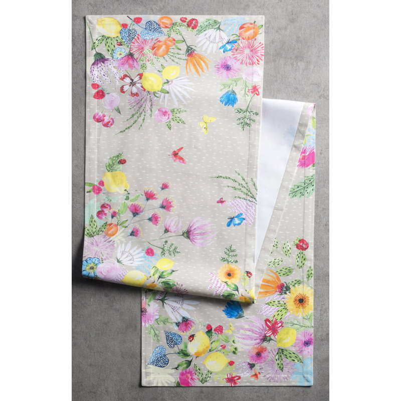 Floral 100% Cotton Table Runner, 108" L x 14.5" W, Fog